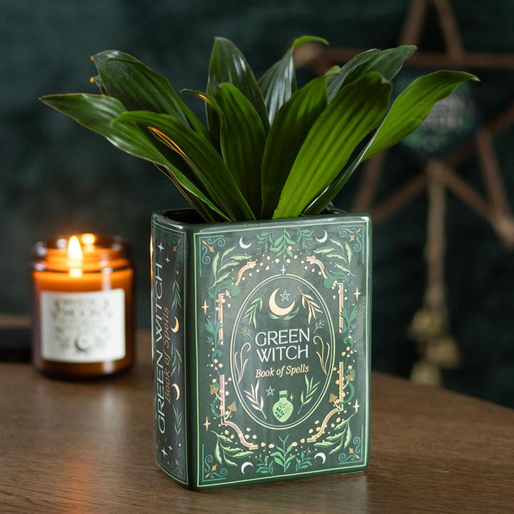 green witch grimoire ceramic vase styled in home setting with plant display