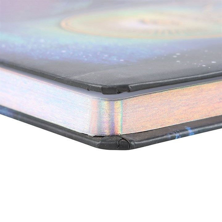 side view of enchanted woods journal showing decorative holographic page edging