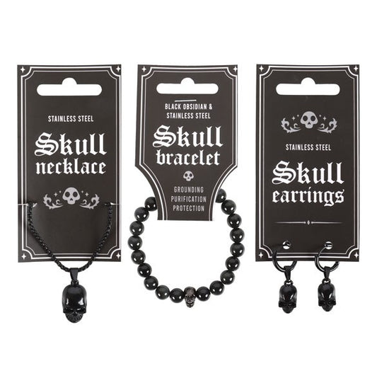 black stainless steel skull jewellery collection showing necklace earrings and obsidian bracelet variants
