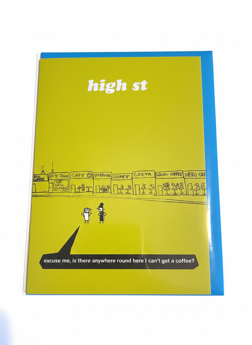 humorous greeting card coffee themed illustration satirical design modern toss style blank inside