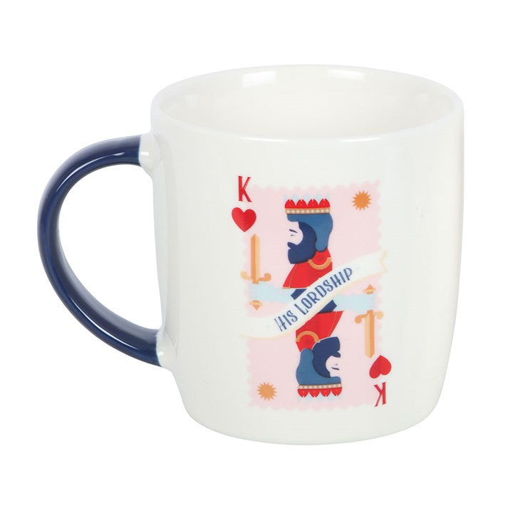his lordship ceramic mug shown from side view highlighting playing card artwork