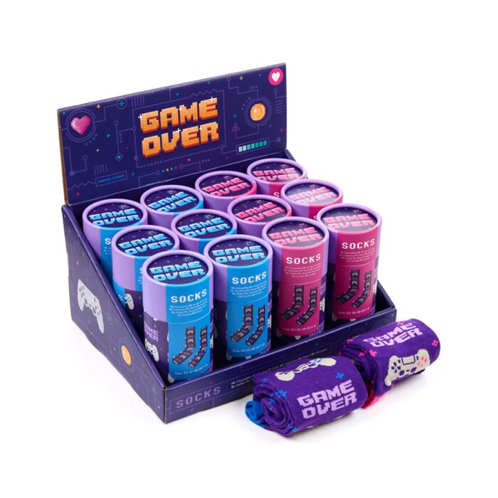 game over socks in tube novelty gamer gift retail display packaging