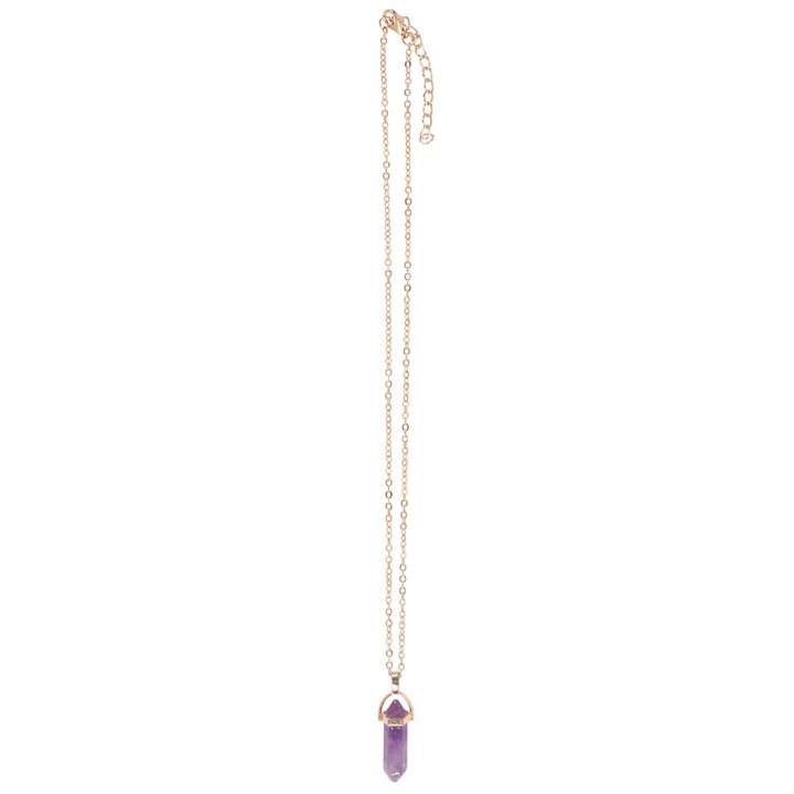 extended amethyst crystal pendant necklace showing chain length and lobster clasp