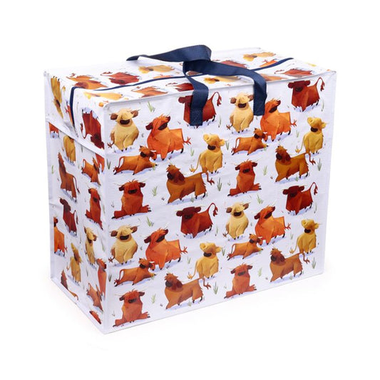 front view of hairy coos highland coo laundry storage bag with zip closure