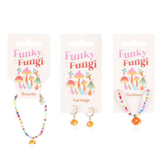 mushroom themed jewellery set showing coordinated earrings bracelet and necklace together