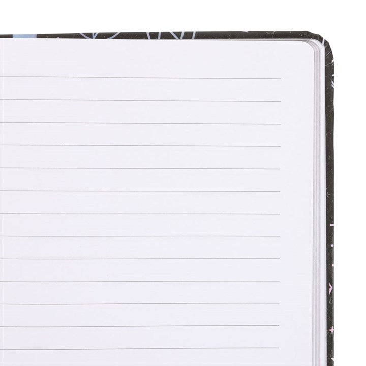 lined pages inside mystical crystal notebook shown open for journalling and writing