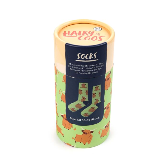 hairy coos highland coo socks presented in boxed gift packaging