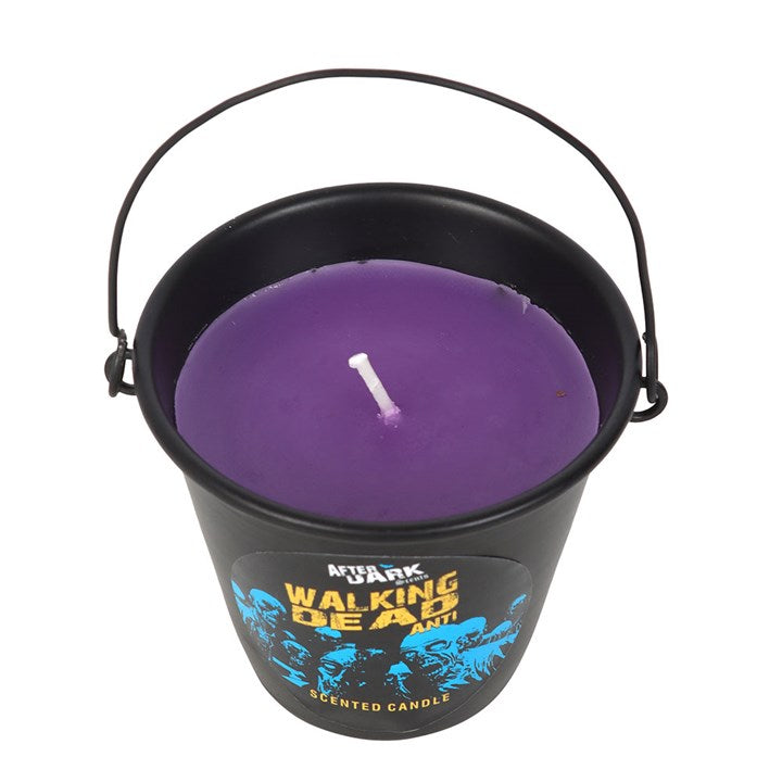 metal bucket scented candle with walking dead theme shown from alternative angle