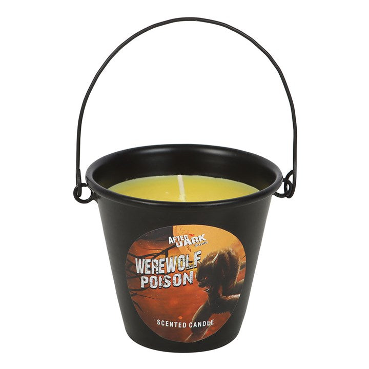 gothic vanilla scented candle in metal bucket shown highlighting novelty warning design