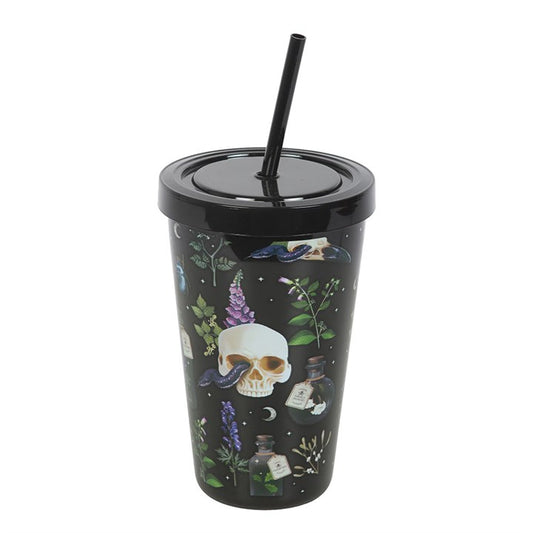 skull and poisonous plant design reusable tumbler shown from angled view