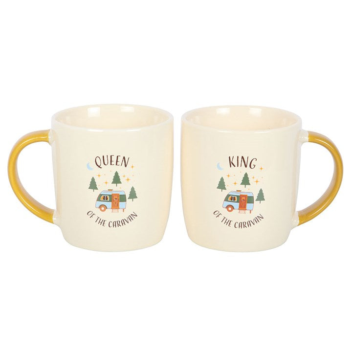 caravan king and queen mugs shown from rear view highlighting coordinated styling