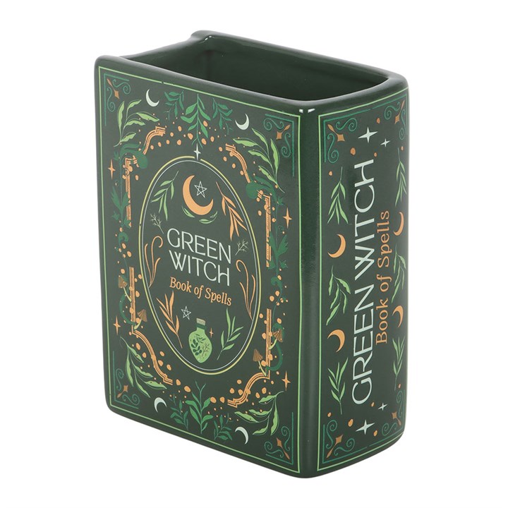 decorative green witch ceramic vase shown from alternative angled perspective