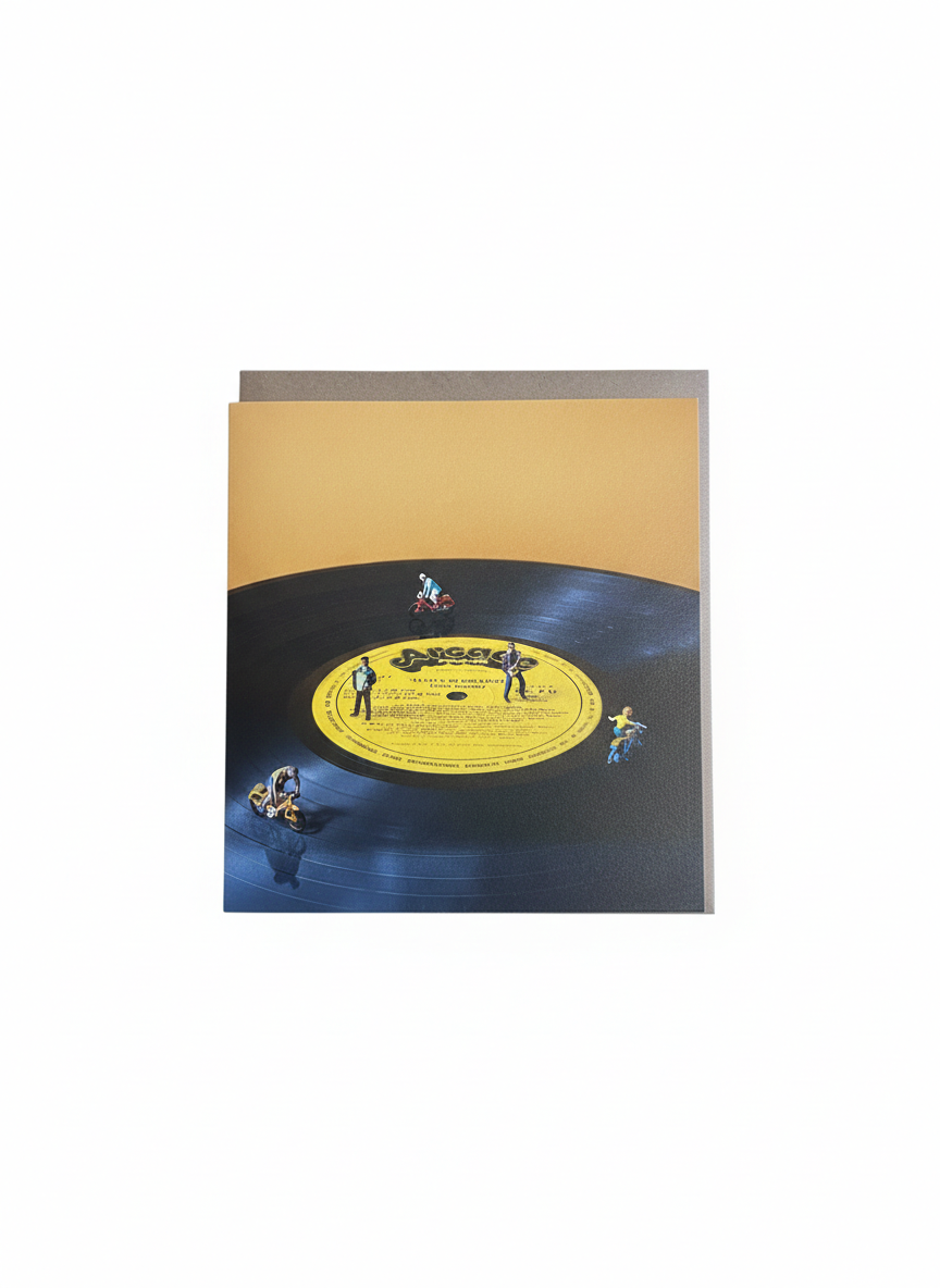 music themed greeting card vinyl record illustration with elvis figures playful design blank inside