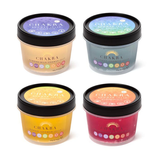4 different chakra shower jelly variants in packaging