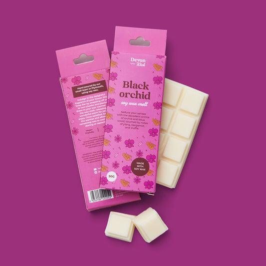 wax bar black orchid front view showcasing luxurious floral and woody notes with dark chocolate base