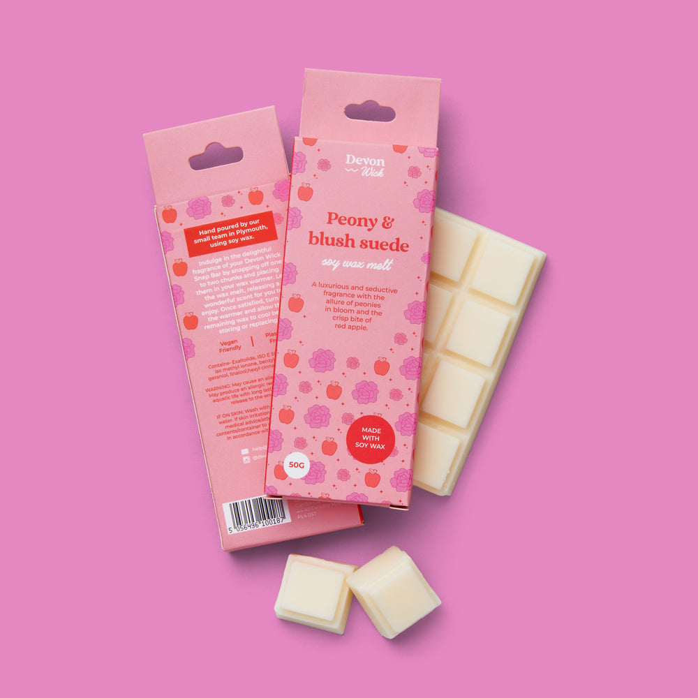 wax bar peony and blush suede with peonies, red apple, jasmine, rose, and blush suede