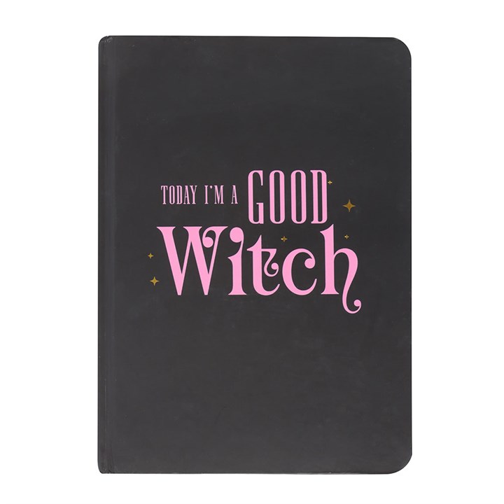 good witch notebook cover shown with playful witch themed text design