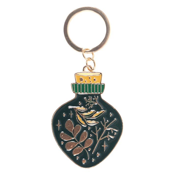 green witch potion bottle keyring front view showing engraved witch themed wording