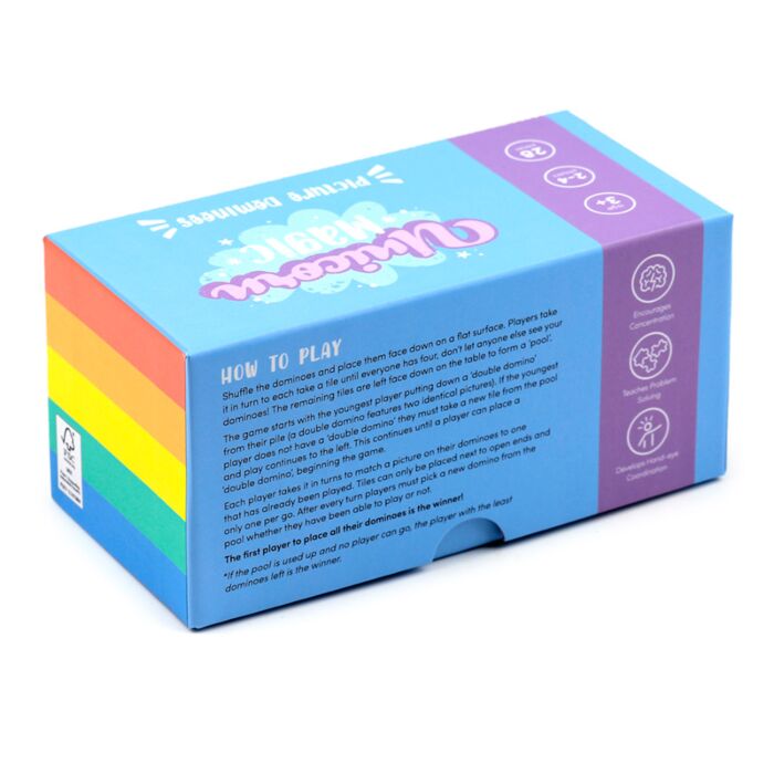 rear view of unicorn magic kids dominoes set in its gift box with unicorn illustration with play instructions