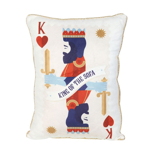 king of the sofa cushion front view showing bold playing card style design