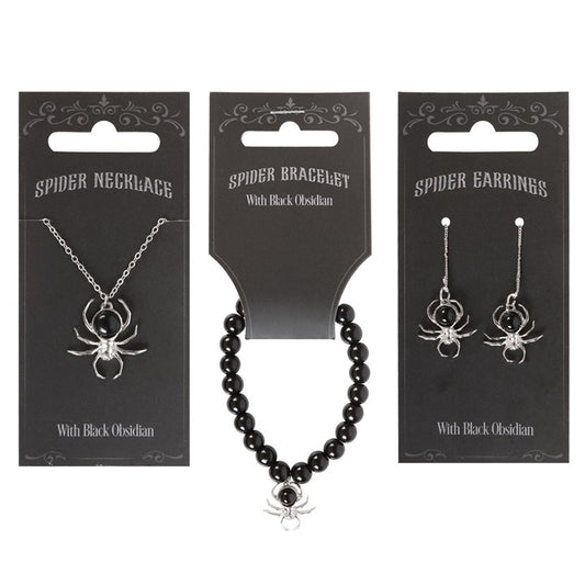 spider jewellery set showing necklace earrings and bracelet arranged together for gothic styling