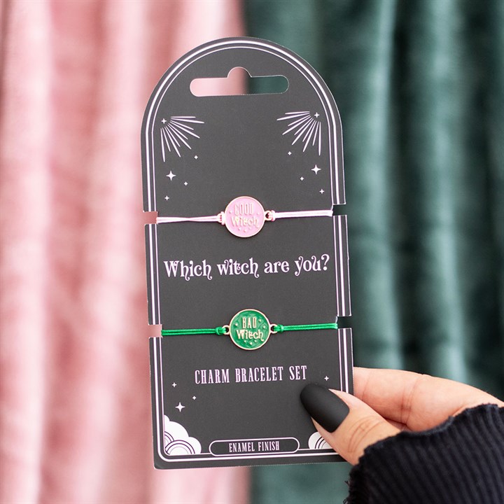 good witch and bad witch bracelet set displayed together on presentation card