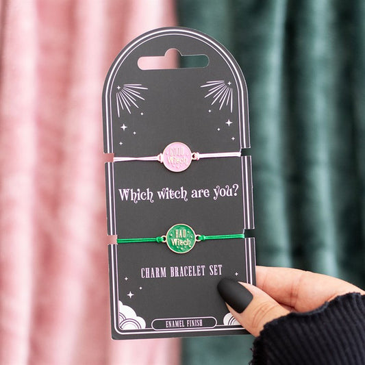 good witch and bad witch bracelet set displayed together on presentation card