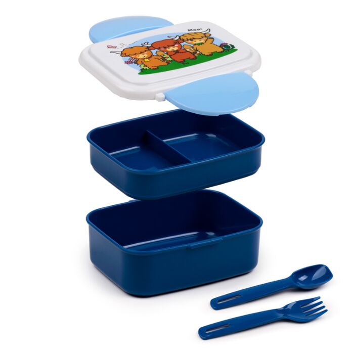 adoramals highland coo bento lunch box shown expanded with stacked compartments separated