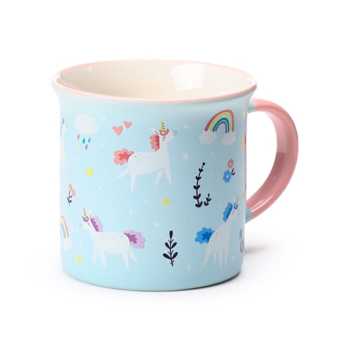 unicorn magic fine-rimmed porcelain mug showing front view with unicorn design