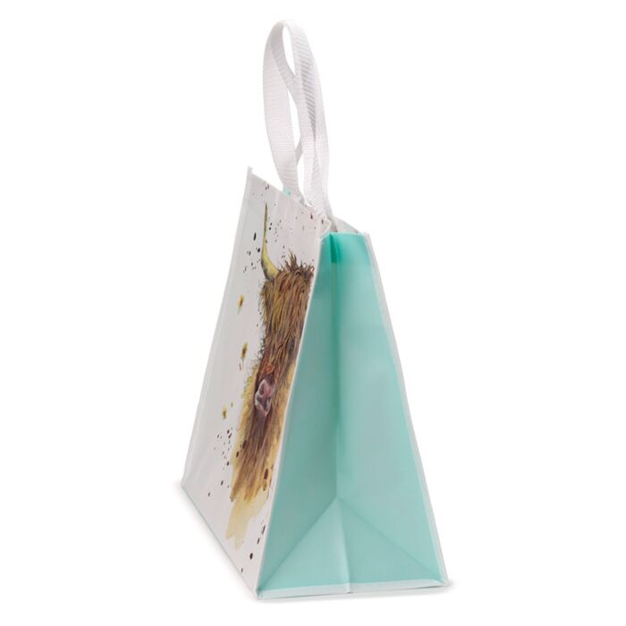 jan pashley highland coo shopping bag rotated view highlighting sturdy webbing handles