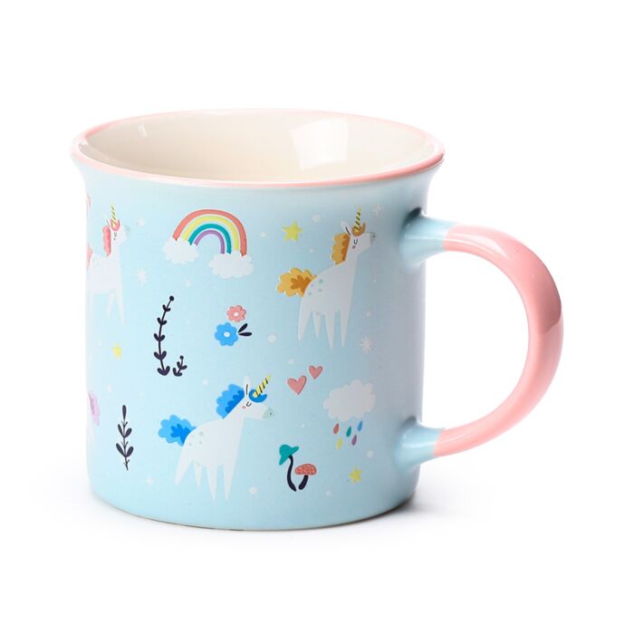 side view of unicorn magic fine-rimmed porcelain mug with unicorn design