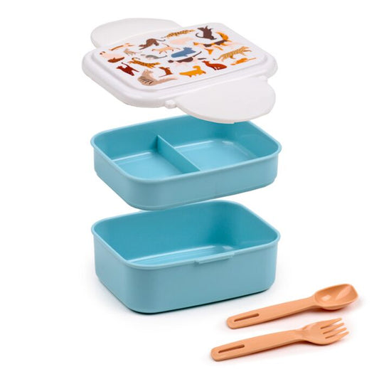 feline fine stacked bento box expanded showing compartments lid and cutlery