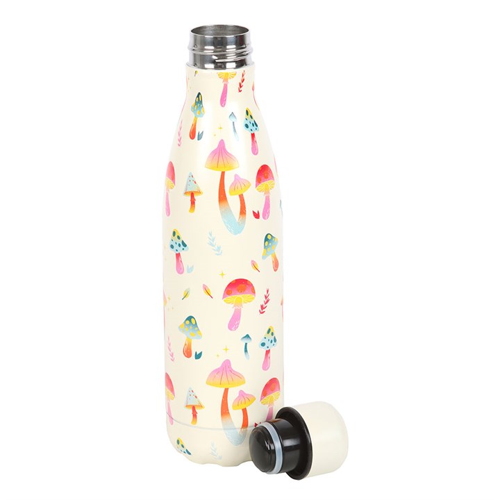 stay groovy mushroom water bottle shown with lid removed displaying bottle opening