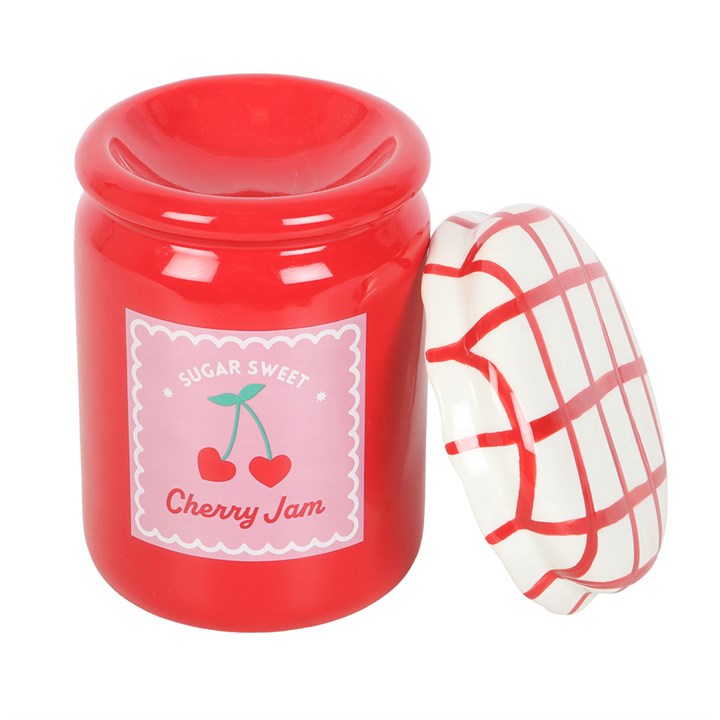 cherry jam jar ceramic burner shown with removable lid positioned beside jar