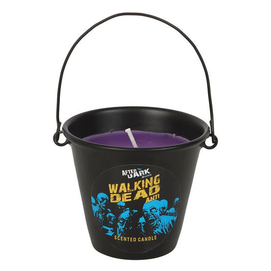 novelty anti lavender candle in metal bucket featuring undead themed warning design