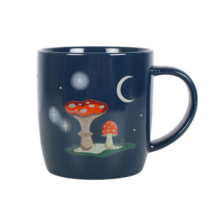 back view of winter forest mushroom house mug showing complementary night sky design