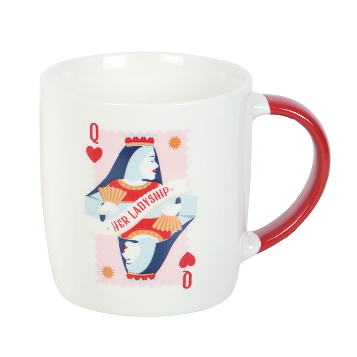 her ladyship ceramic mug shown from side view highlighting playing card artwork
