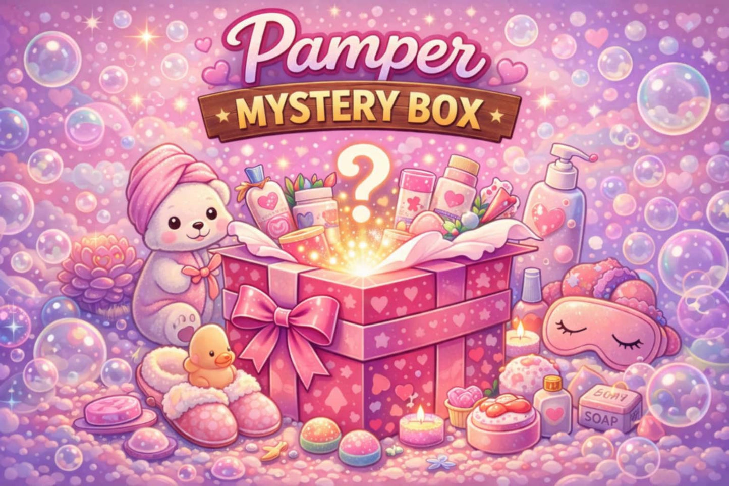 pamper mystery box advertising image highlighting relaxing self care gift surprise contents
