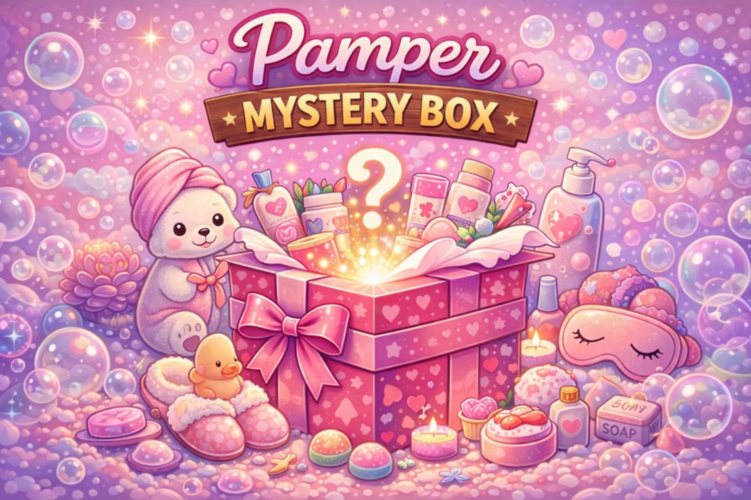 pamper mystery box advertising image highlighting relaxing self care gift surprise contents