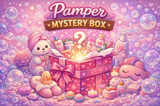 pamper mystery box advertising image highlighting relaxing self care gift surprise contents