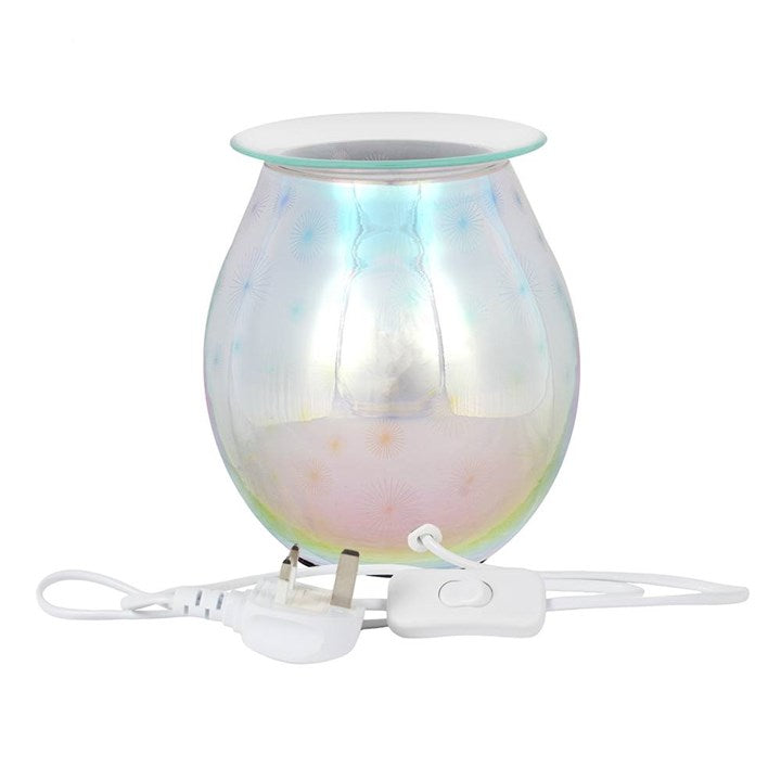 decorative electric oil burner with starburst design shown from alternative angle