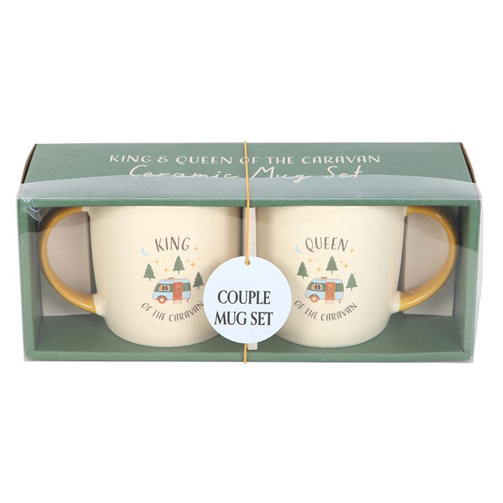 boxed caravan king and queen mug set shown with packaging and caravan artwork
