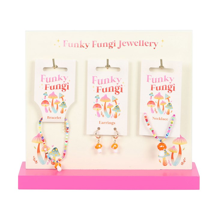 woodland inspired mushroom jewellery set presented on display stand for gift ready styling