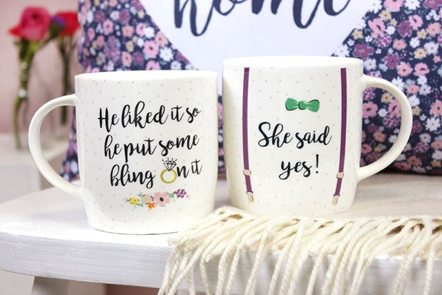 engagement mug set displayed together in home setting celebrating newly engaged couples