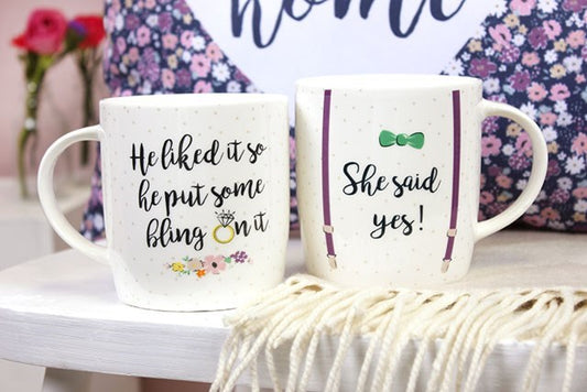 engagement mug set displayed together in home setting celebrating newly engaged couples