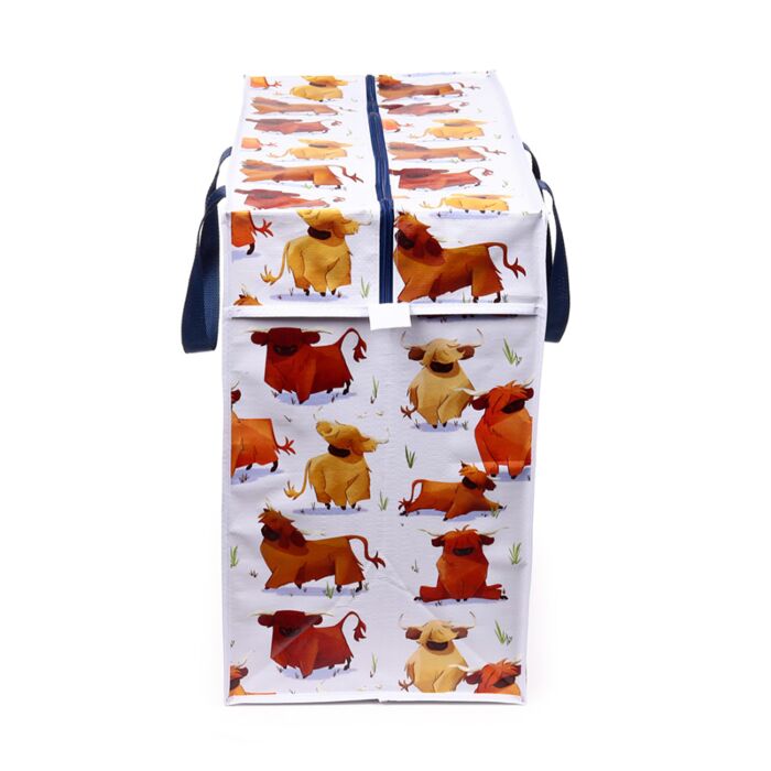 side angle view of hairy coos highland coo laundry storage bag