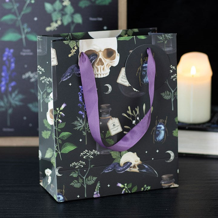 dark enchanting gothic paper gift bag displayed on window sill