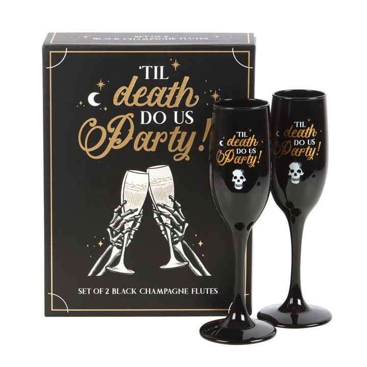 til death do us party champagne flutes displayed beside matching gift box