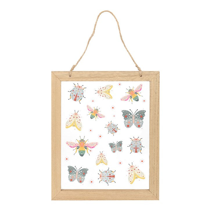 floral bug glass wall hanging front view featuring whimsical insect and flower artwork