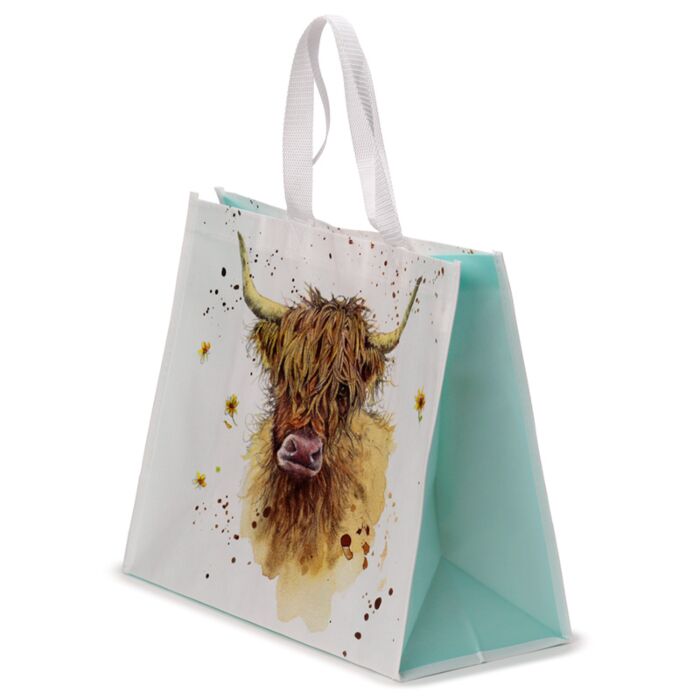 highland coo reusable shopping bag angled view showing depth and side structure
